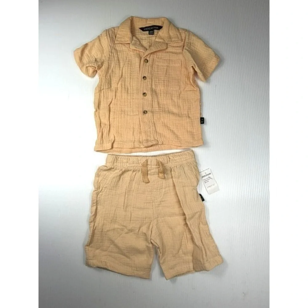 American Hawk Boys‎ 2 Piece Set 24M Apricot Gauze Cotton Shirt Shorts Outfit